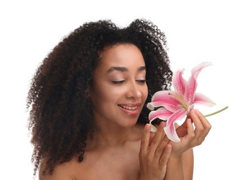 Photo of Portrait of beautiful Brazilian woman with lily flower after spa treatment on white background