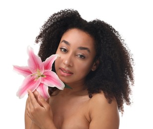 Photo of Portrait of beautiful Brazilian woman with lily flower after spa treatment on white background
