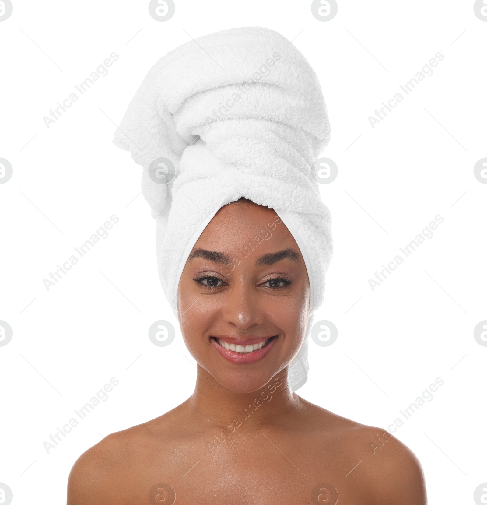 Photo of Portrait of beautiful Brazilian woman after spa treatment on white background
