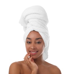 Photo of Portrait of beautiful Brazilian woman after spa treatment on white background