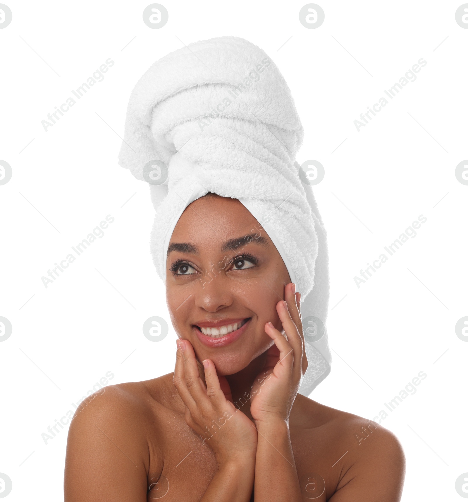Photo of Portrait of beautiful Brazilian woman after spa treatment on white background