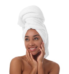 Photo of Portrait of beautiful Brazilian woman after spa treatment on white background