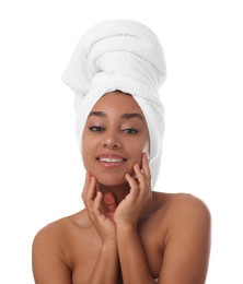 Photo of Portrait of beautiful Brazilian woman after spa treatment on white background