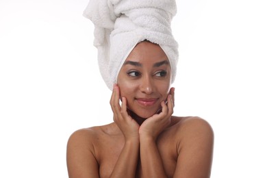 Photo of Portrait of beautiful Brazilian woman after spa treatment on white background