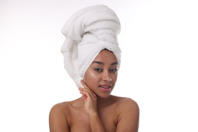 Photo of Portrait of beautiful Brazilian woman after spa treatment on white background