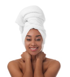 Photo of Portrait of beautiful Brazilian woman after spa treatment on white background