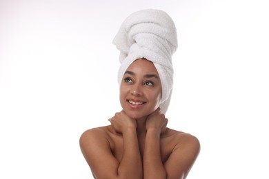 Photo of Portrait of beautiful Brazilian woman after spa treatment on white background