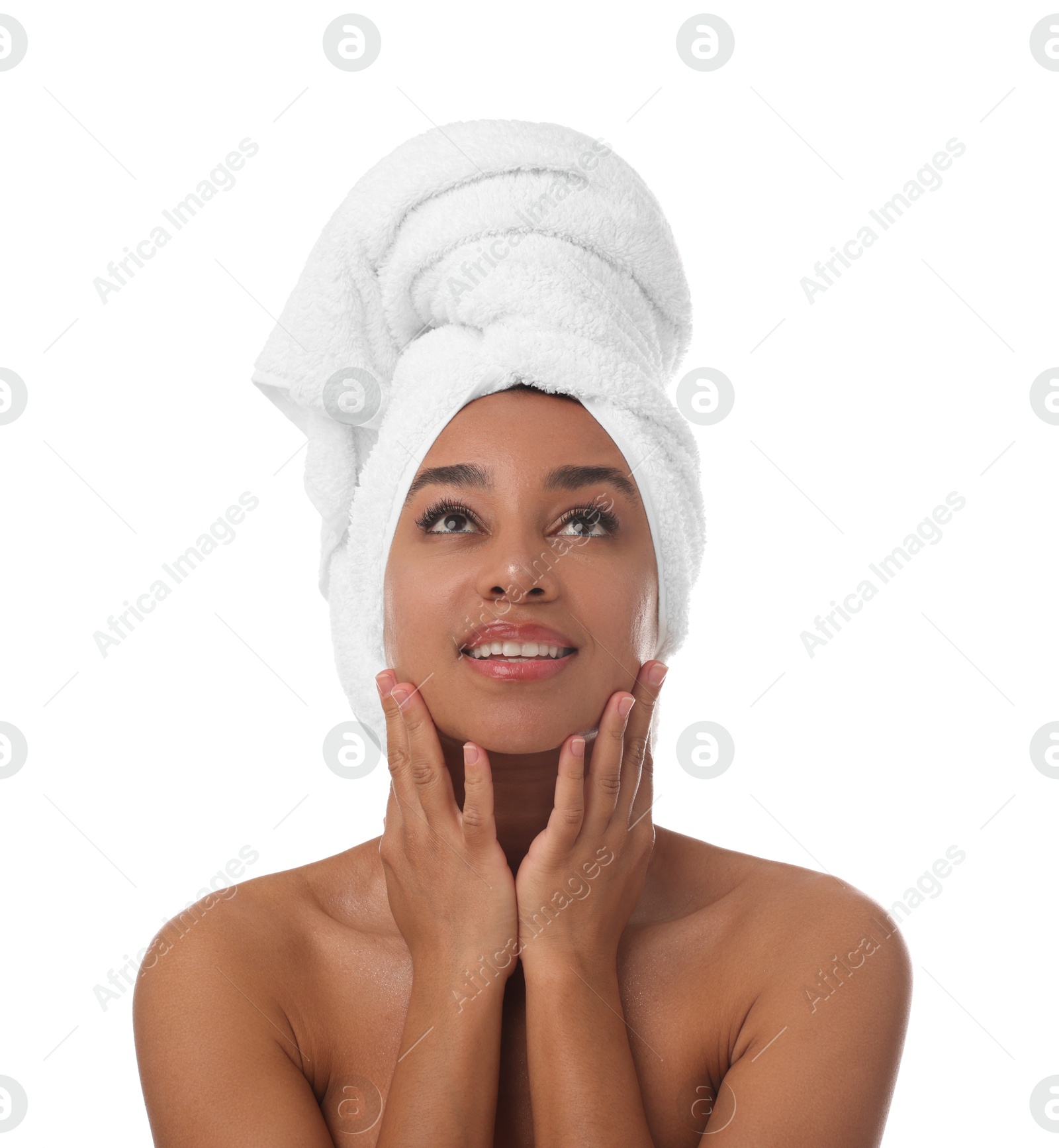 Photo of Portrait of beautiful Brazilian woman after spa treatment on white background