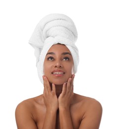 Photo of Portrait of beautiful Brazilian woman after spa treatment on white background