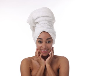 Photo of Portrait of beautiful Brazilian woman after spa treatment on white background