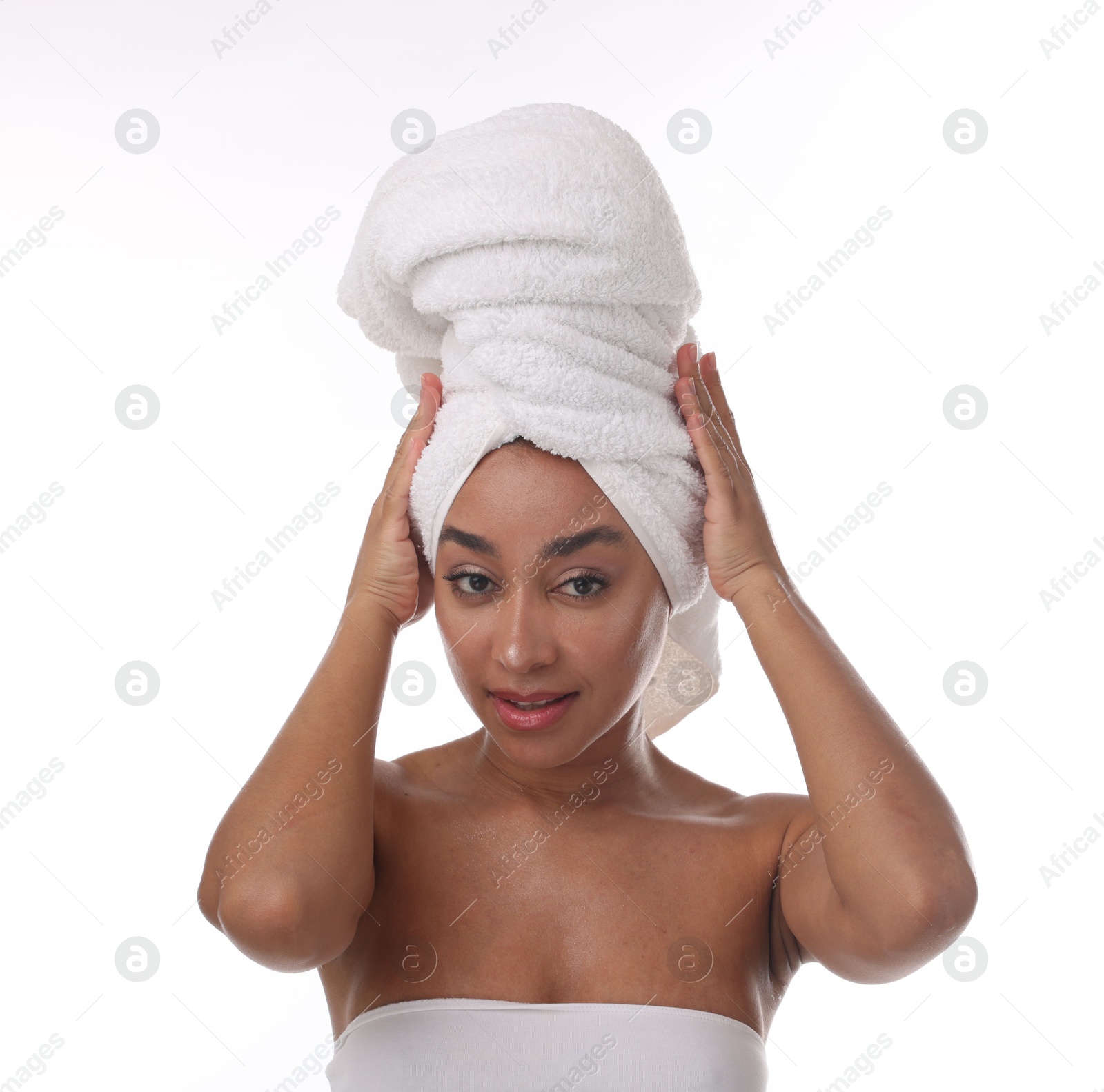 Portrait of beautiful Brazilian woman after spa treatment on white background Photo of Portrait of beautiful Brazilian woman after spa treatment on white background