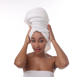 Photo of Portrait of beautiful Brazilian woman after spa treatment on white background