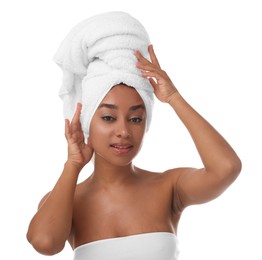 Photo of Portrait of beautiful Brazilian woman after spa treatment on white background