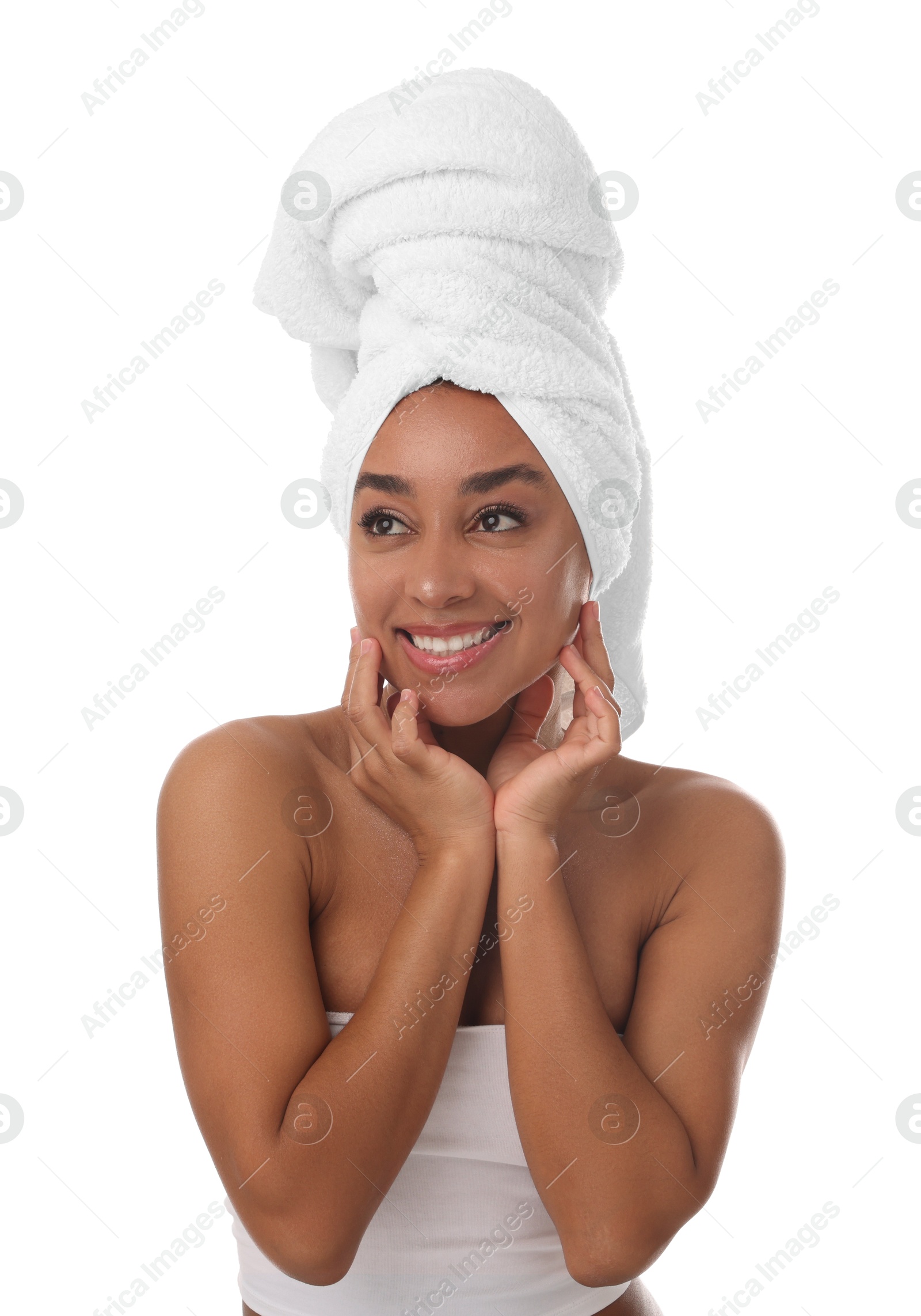 Photo of Portrait of beautiful Brazilian woman after spa treatment on white background