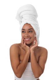 Photo of Portrait of beautiful Brazilian woman after spa treatment on white background