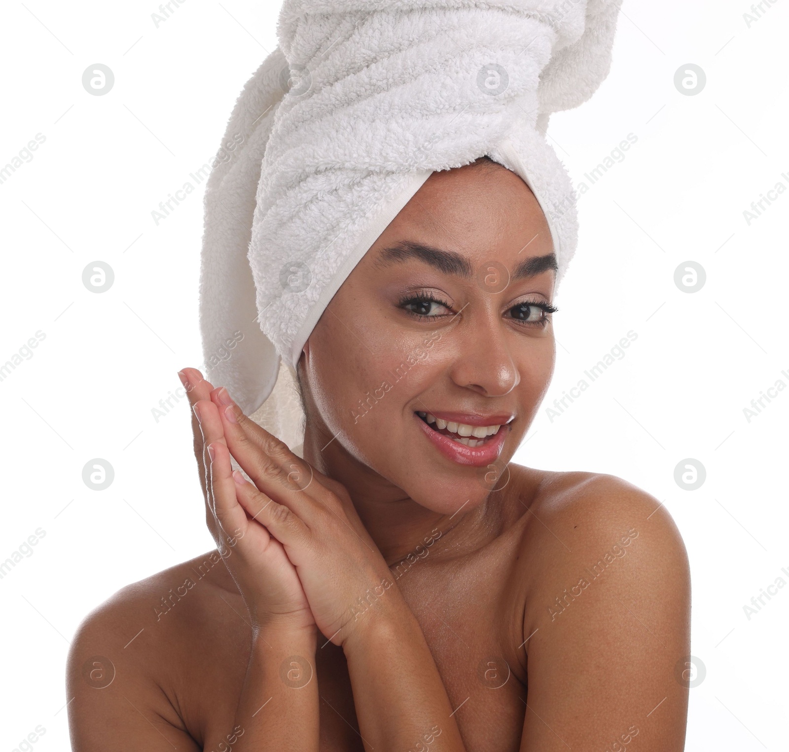 Photo of Portrait of beautiful Brazilian woman after spa treatment on white background