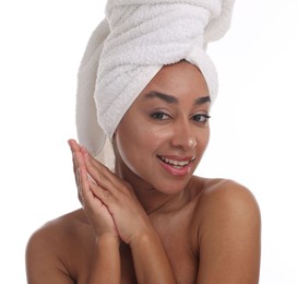 Photo of Portrait of beautiful Brazilian woman after spa treatment on white background