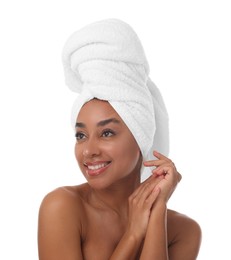 Photo of Portrait of beautiful Brazilian woman after spa treatment on white background