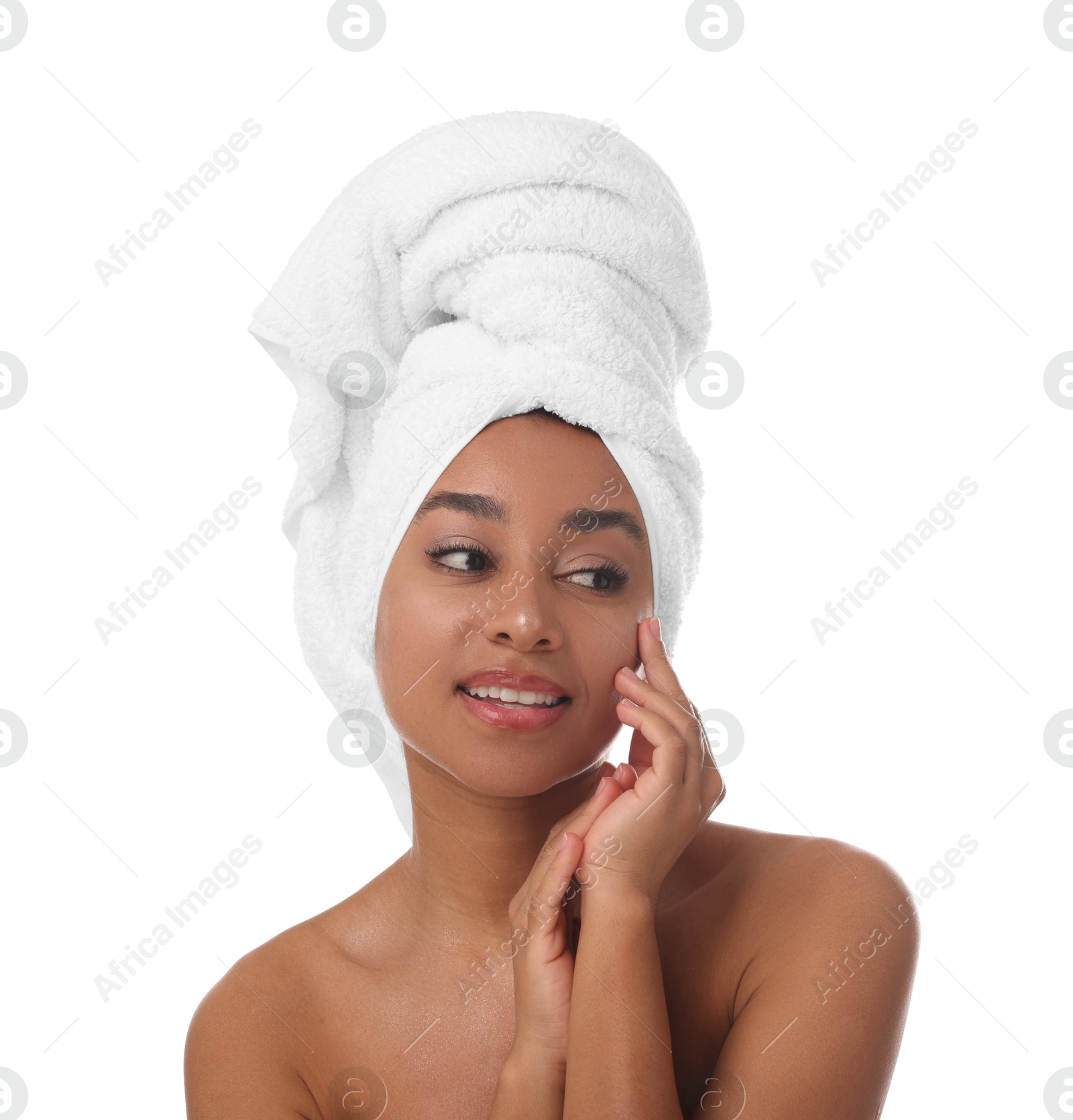 Photo of Portrait of beautiful Brazilian woman after spa treatment on white background