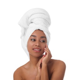 Photo of Portrait of beautiful Brazilian woman after spa treatment on white background