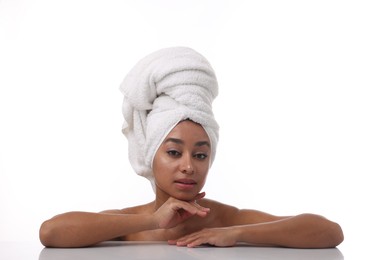 Photo of Portrait of beautiful Brazilian woman after spa treatment on white background