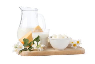 Photo of Different fresh dairy products and flowers isolated on white