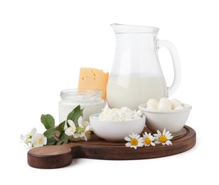 Photo of Different fresh dairy products and flowers isolated on white