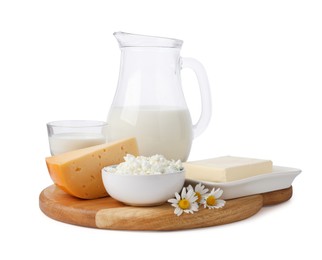 Photo of Different fresh dairy products and chamomile flowers isolated on white