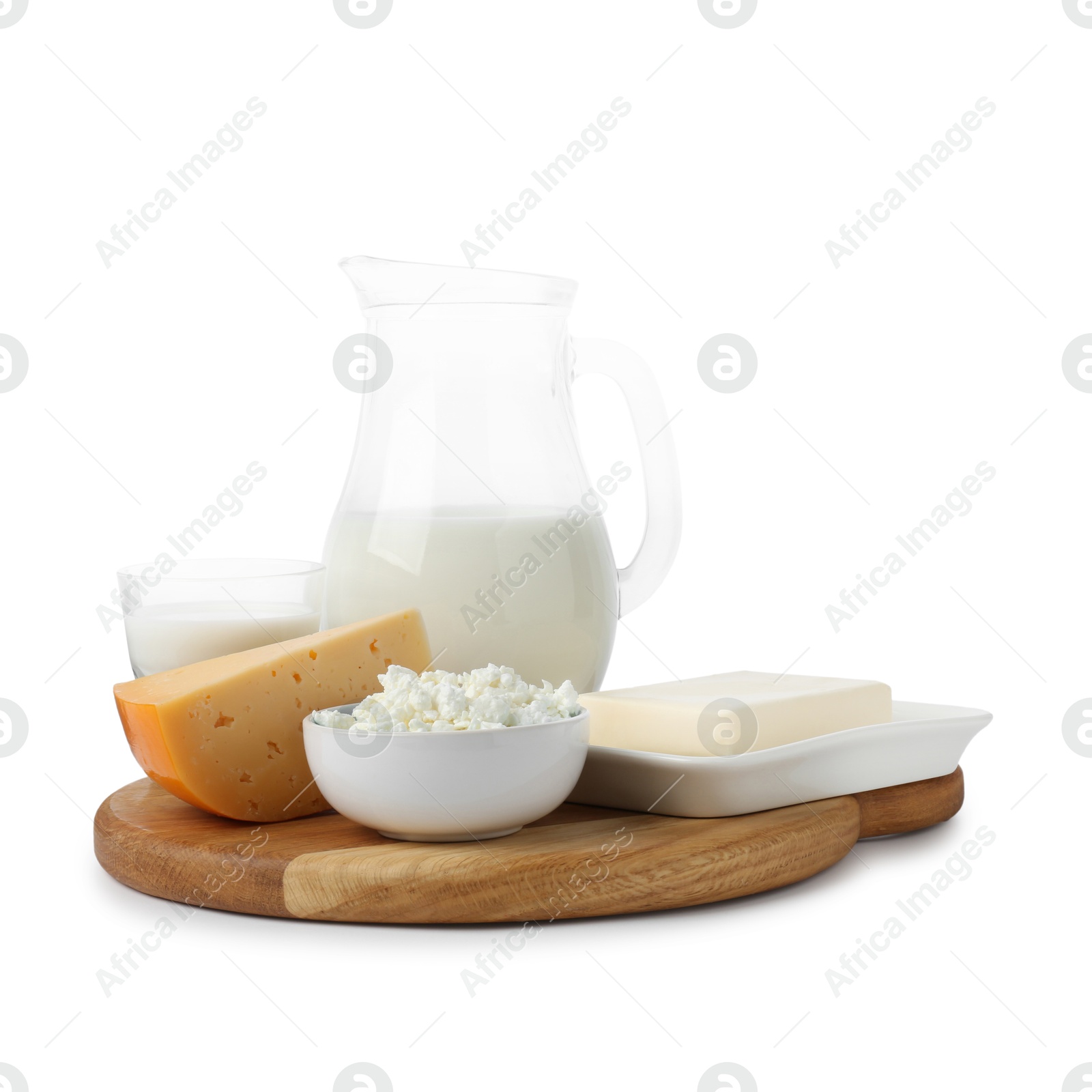 Different fresh dairy products isolated on white Photo of Different fresh dairy products isolated on white