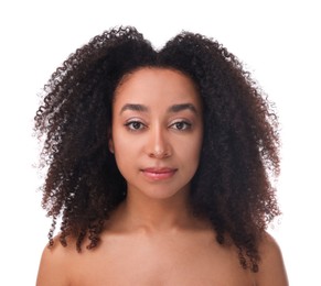 Photo of Portrait of beautiful Brazilian woman on white background. Cosmetology and skincare