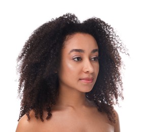 Photo of Portrait of beautiful Brazilian woman on white background. Cosmetology and skincare