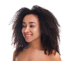 Photo of Portrait of beautiful Brazilian woman on white background. Cosmetology and skincare