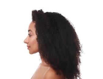 Photo of Portrait of beautiful Brazilian woman on white background. Cosmetology and skincare