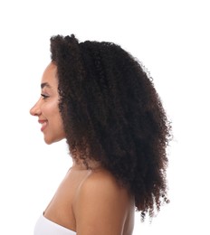 Photo of Portrait of beautiful Brazilian woman on white background. Cosmetology and skincare