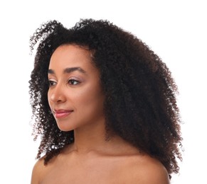 Photo of Portrait of beautiful Brazilian woman on white background. Cosmetology and skincare