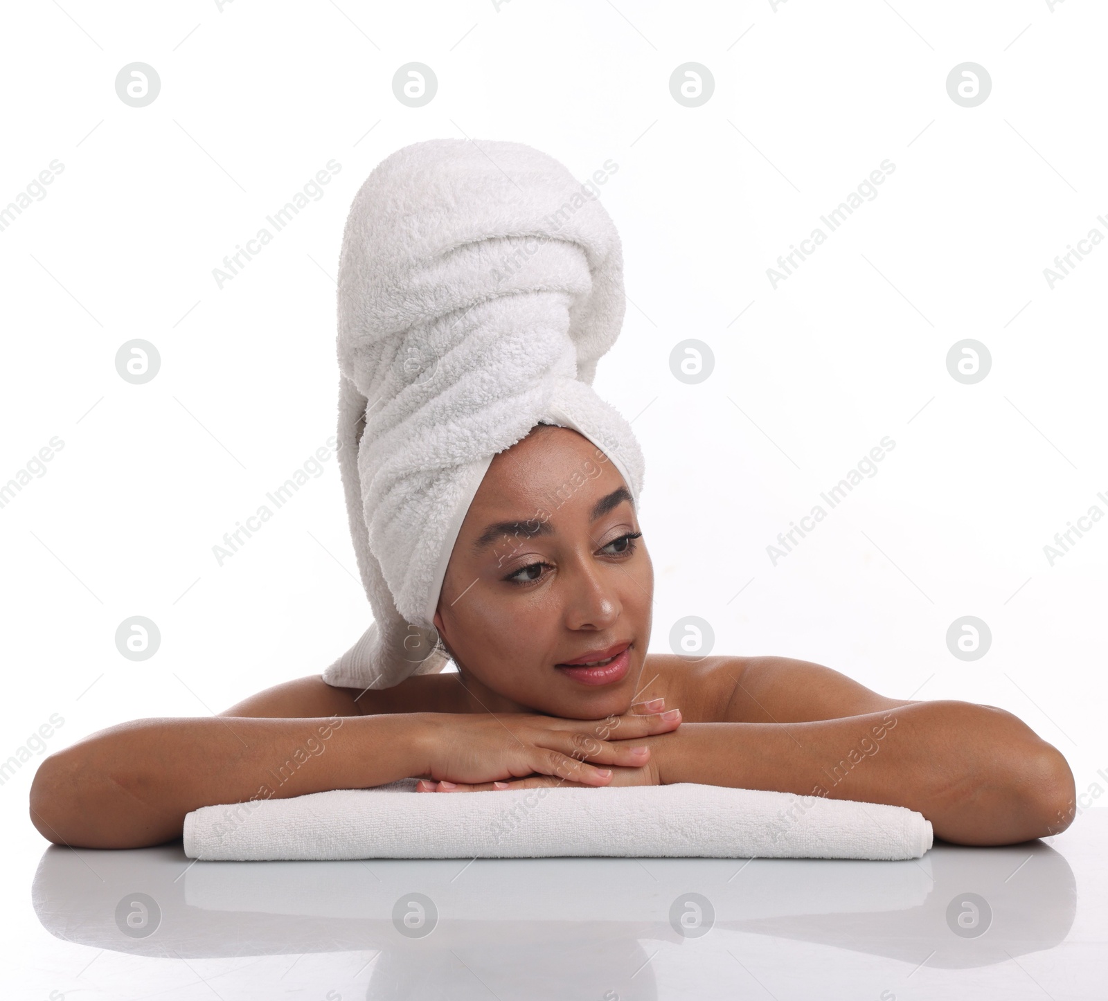 Portrait of beautiful Brazilian woman after spa treatment on white background Photo of Portrait of beautiful Brazilian woman after spa treatment on white background