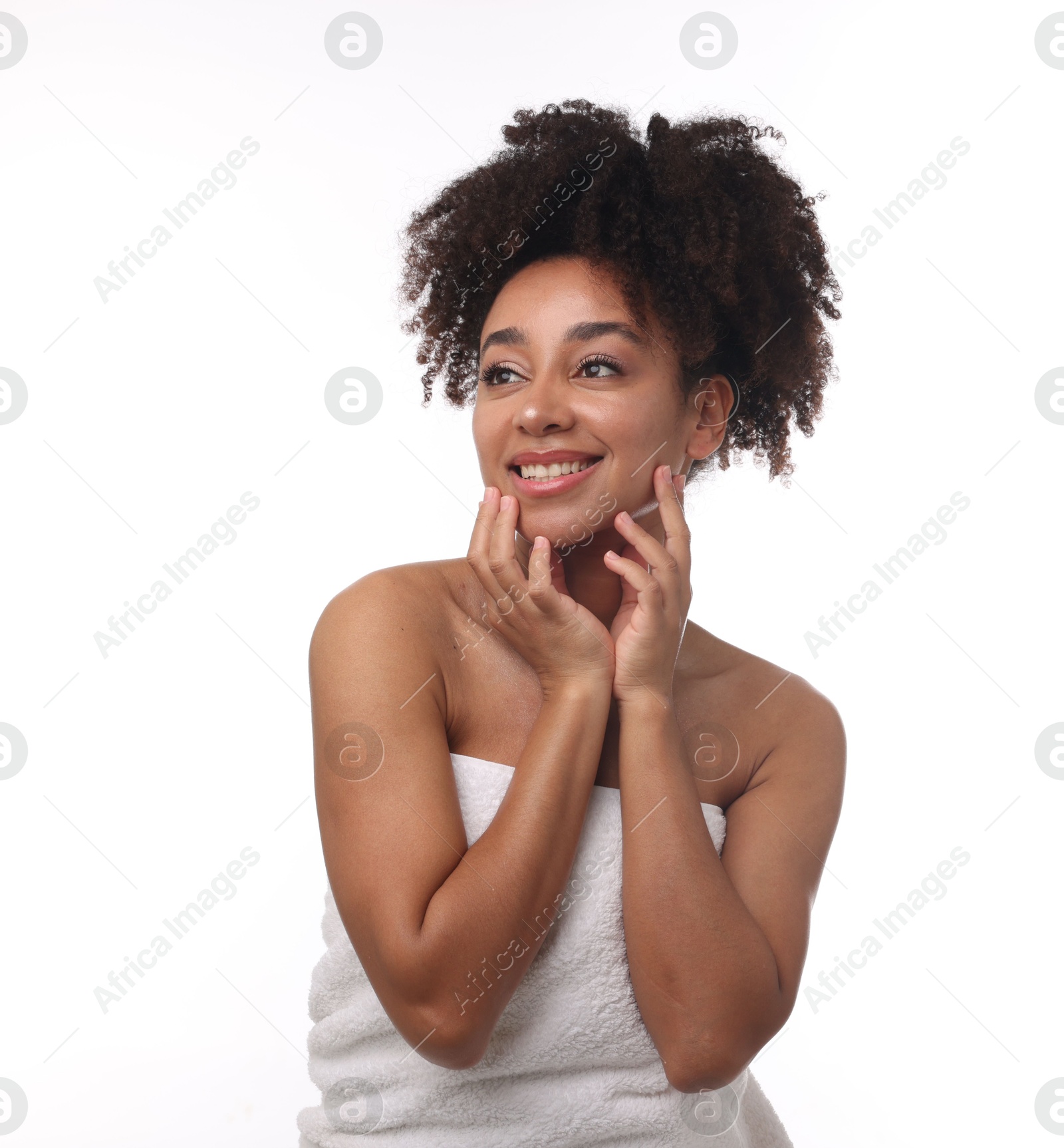 Portrait of beautiful Brazilian woman after spa treatment on white background Photo of Portrait of beautiful Brazilian woman after spa treatment on white background