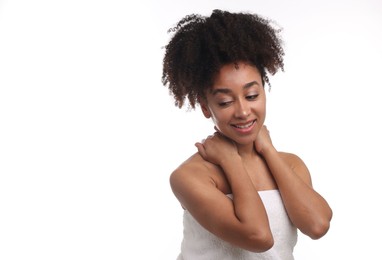 Photo of Portrait of beautiful Brazilian woman after spa treatment on white background