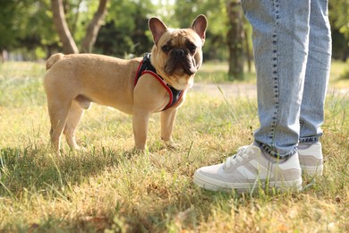 Photo of Man with his cute French bulldog in park, closeup