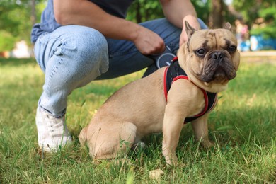 Photo of Man with his cute French bulldog in park, closeup