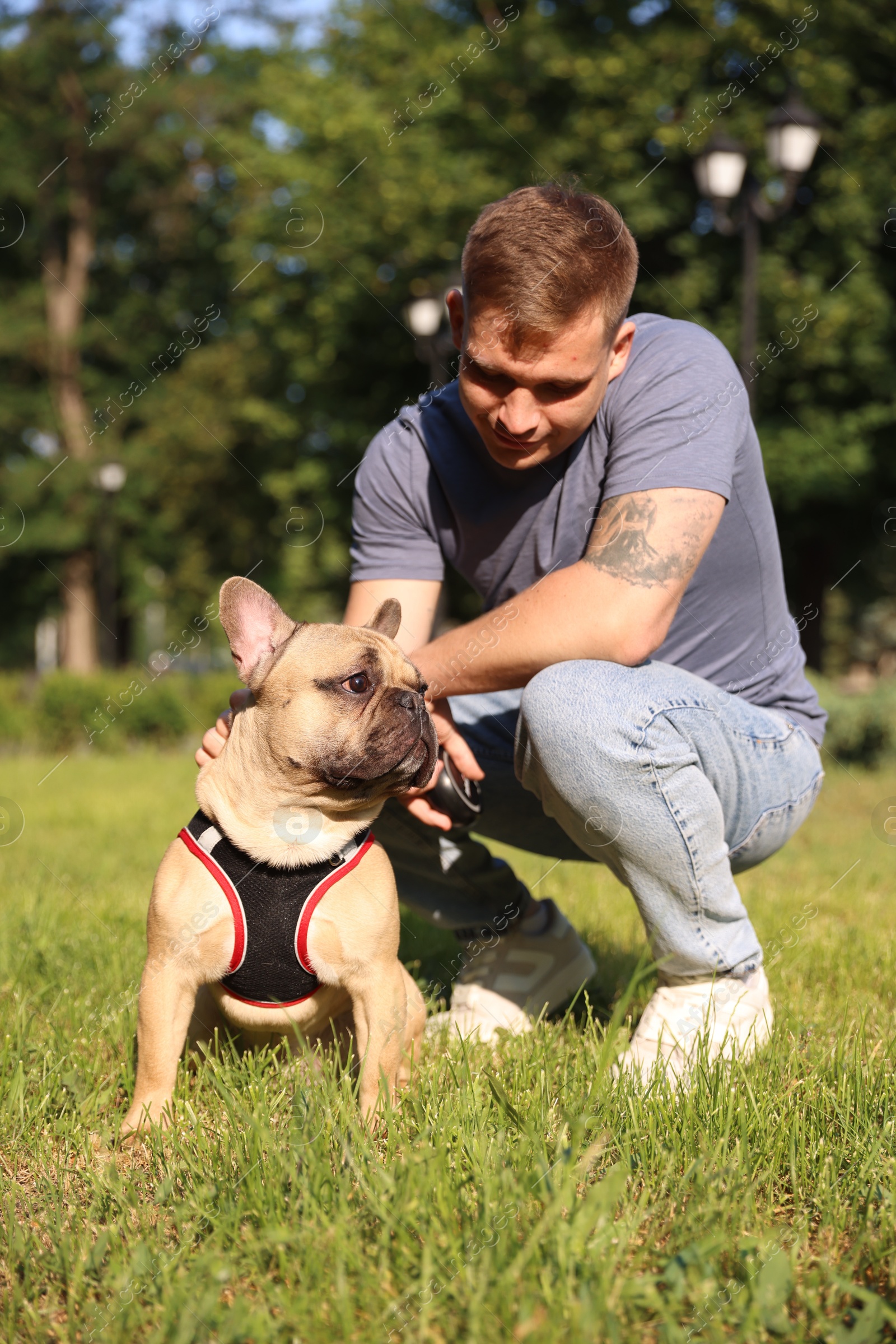 Happy man with his cute French bulldog in park Photo of Happy man with his cute French bulldog in park