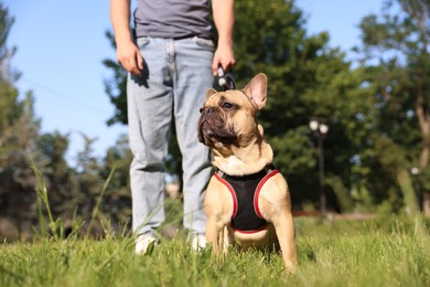 Photo of Man with his cute French bulldog in park, closeup