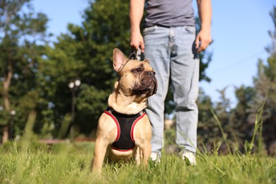 Photo of Man with his cute French bulldog in park, closeup