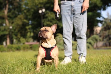 Photo of Man with his cute French bulldog in park, closeup