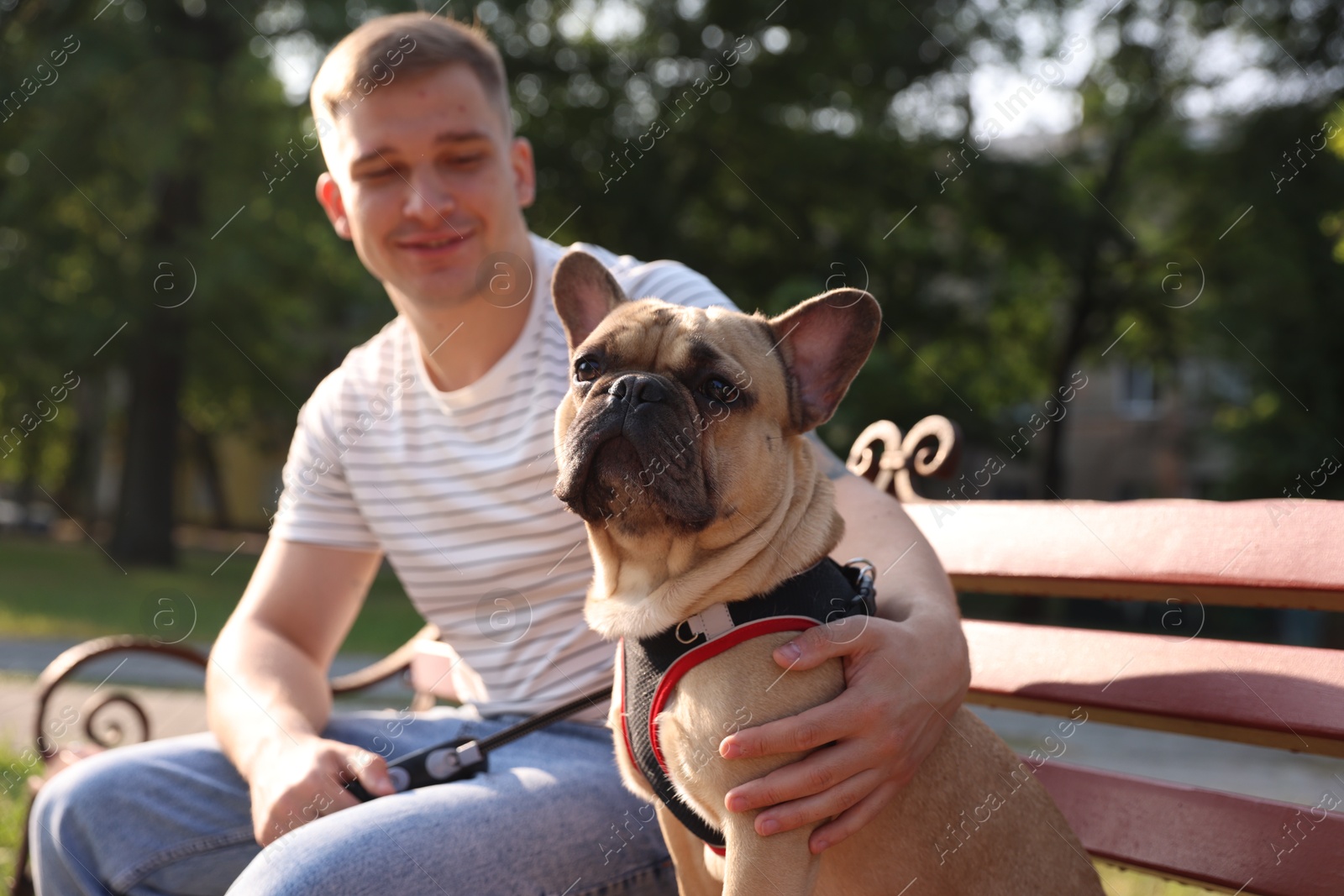 Happy man with his cute French bulldog on bench in park, selective focus Photo of Happy man with his cute French bulldog on bench in park, selective focus