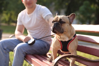 Photo of Man with his cute French bulldog on bench in park, closeup