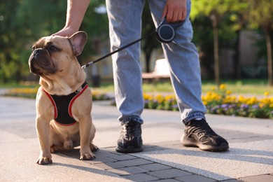 Photo of Man with his cute French bulldog in park, closeup