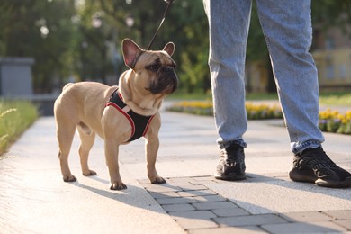 Photo of Man with his cute French bulldog in park, closeup