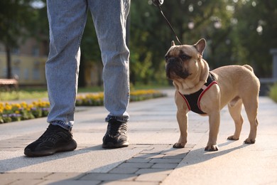 Photo of Man with his cute French bulldog in park, closeup