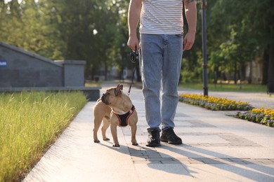 Photo of Man with his cute French bulldog in park, closeup